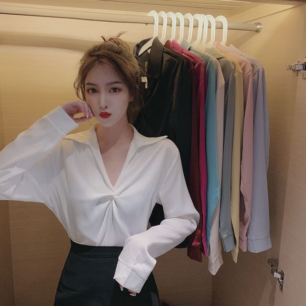 

new design of autumn 2020 v-neck loose long sleeve ins solid color quality satin shirt for women