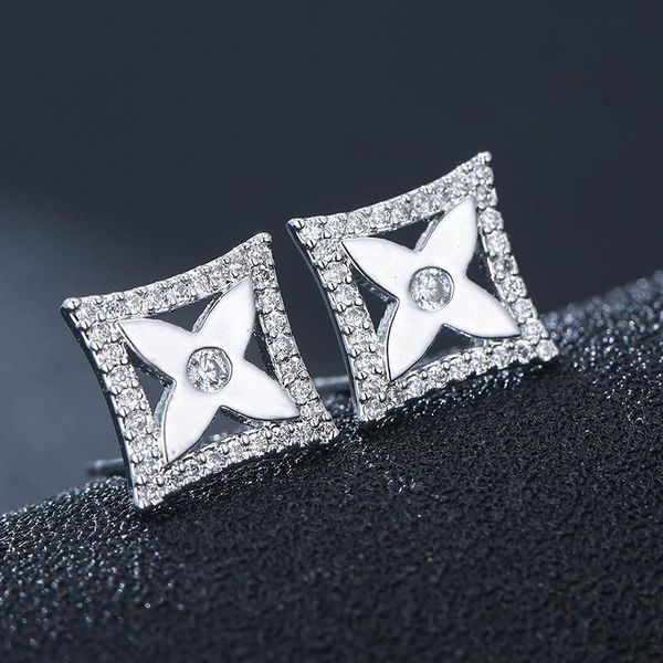 

stud selling european and american simple temperament ladies sweet square flower zircon copper earrings explosion, Golden;silver