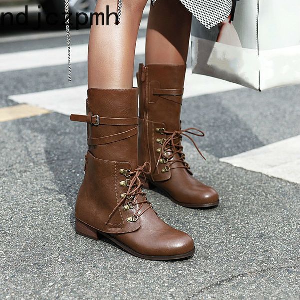 

boots winter new fashion round head zipper belt buckle thick heel low-heeled middle tube women's shoes size 34-43 black