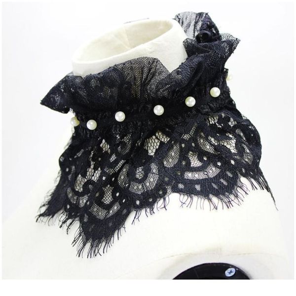 

pleated ruffles stand fake collar crochet lace imitation pearl necklace choker tie for women wedding par qylcvs, White
