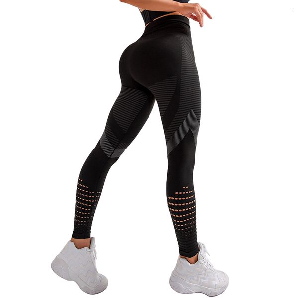 

hollow out leggings women high waist seamless patchwork fitness pants women push up breathable skinny gym leggings, Black
