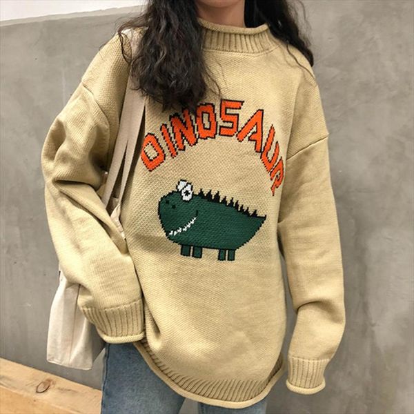 

funny letter dinosaur sweater women harajuku vintage o neck winter pullover long sleeve loose knitted oversize sweater warm v698, White;black