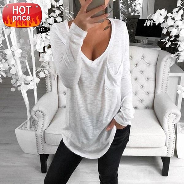 

women solid color deep v long sleeve front pocket loose tunic t-shirt #xc5v, White