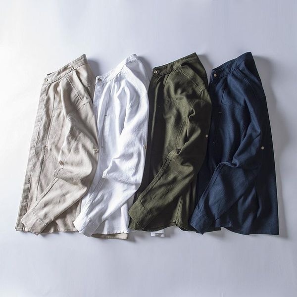 

men's casual shirts japanese style men linen slim fit long sleeve shirt mandarin collar male spring trendy 4xl youth dress, White;black