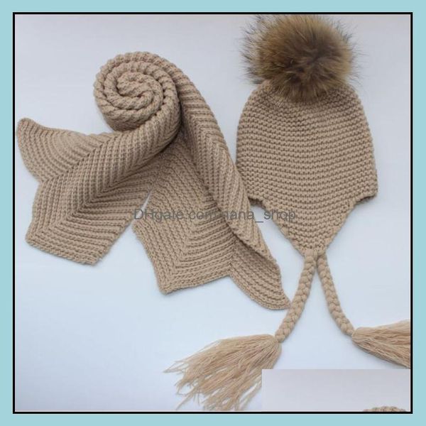 Cappelli Sciarpe Set Sciarpa Cappello Guanti Cappelli Guanti Accessori moda Sciarpa lavorata a maglia per bambini e set di lusso invernale caldo all'uncinetto con vera pelliccia Po