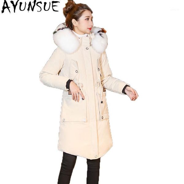 

ayunsue fashion women's down jacket raccoon fur collar woman parkas white duck down female winter coat ropa zjt2641, Black
