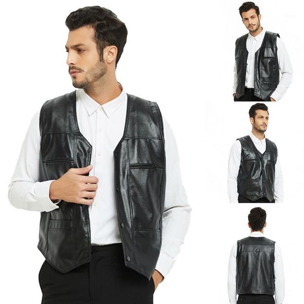 

nice autumn leather biker vest with pockets men waistcoat fashion plus size motorcycle rock sleeveless thick jacket male 5xl1, Black
