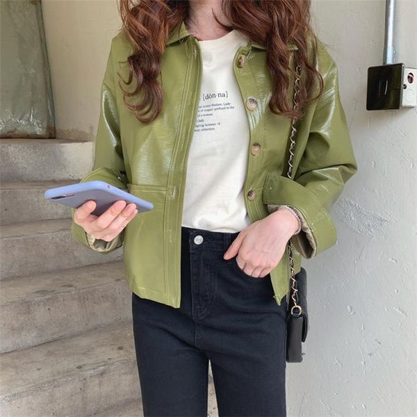 

women's leather & faux 2021 fall winter jackets pockets outerwear fashionable wild short lady, Black