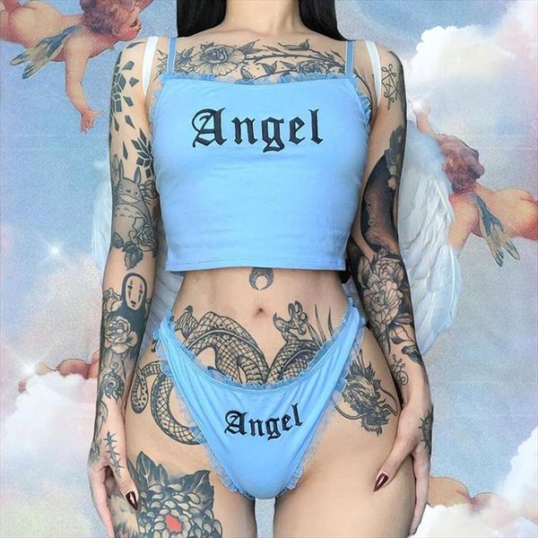 

nclagen two piece set angel print lace women shorts set crop camisole outfit 2020 summer brief underwear beach club, Gray