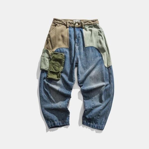 

jeans men patchwork multi-pocket denim pants beggar style japanese retro jeans casual men streetwear, Blue