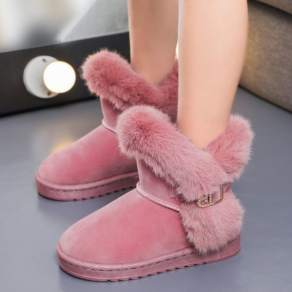 

flats fur winter warm snow shoes woman round-toe female flock leather women boots, Black;red