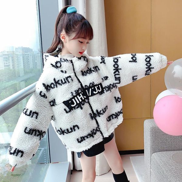 

children winter jacket for girl long sleeve zipper hooded furry coat black white 2 color thicken fleece letter printed outerwear, Blue;gray