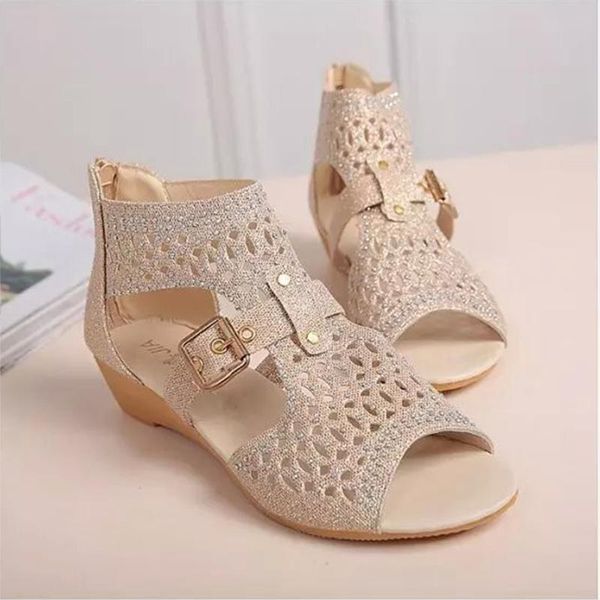 

2020 new women summer out roman sandals back zipper diamond sequin peep toe wedge sandals, Black