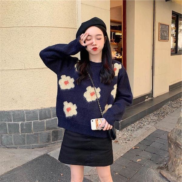 

2020 new korean style round neck coat jacquard slimming flower jacquard loose sweater women's outer wear knitted bottoming shirt thick, White;black