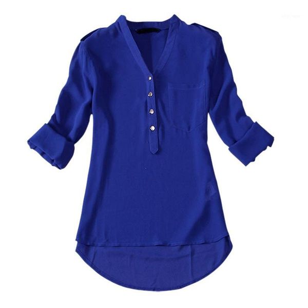 

autumn women's dark blue v-neck chiffon ladies long sleeve loose shirts blouses s1, White