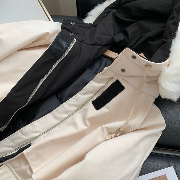 

fitaylor winter large natural fur hooded down jacket women thick warm snow beige outerwear white duck down coat adjustable waist 201203, Black