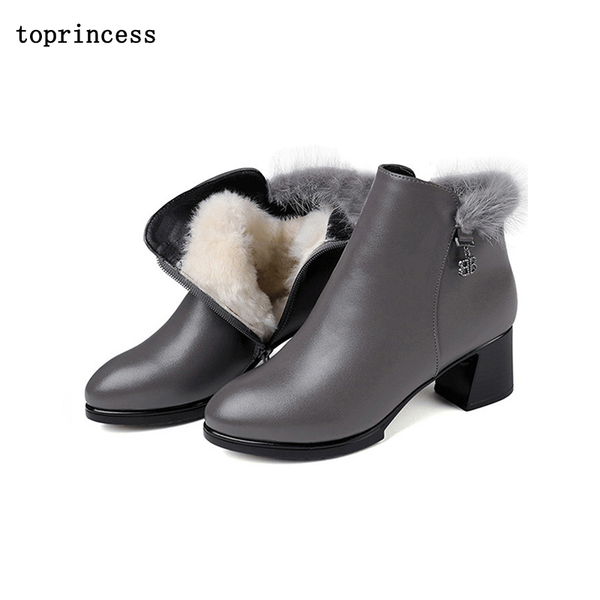 

bn04 incess fall boots for women leather wool or plush lined fall round toe zipper block heel new style winter boots 2020, Black