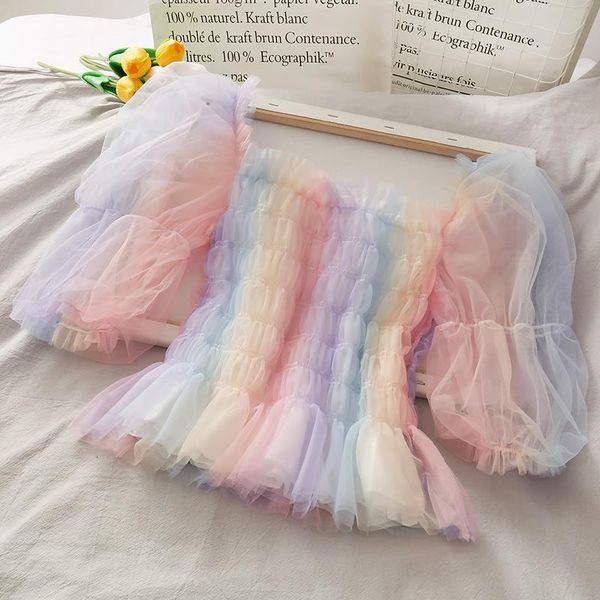 

rainbow mesh patchwork short blouse women 2020 summer slash neck short puff sleeve beach style pullover shirt, White