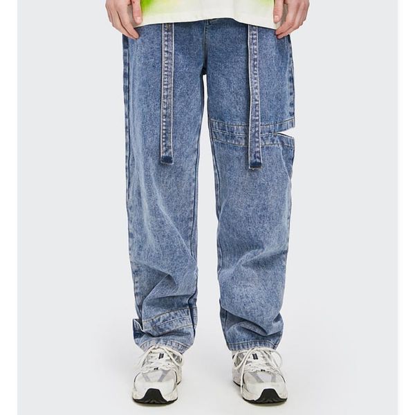 

mens denim jeans straight leg loose japanese streetwear fashion casual pants, Blue