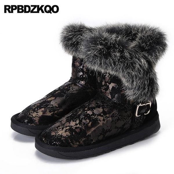 

furry winter snow boots women ankle booties shoes flat black faux fur ladies slip on metal new 2020 female fashion chinese short