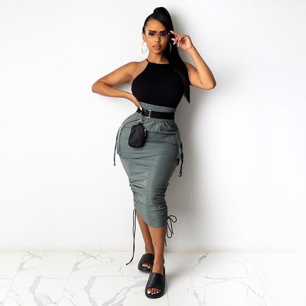

xq083 2021 spring high waist solid ruched pockets bandage skirt summer women fashion solid streetwear casual women clothings, Black