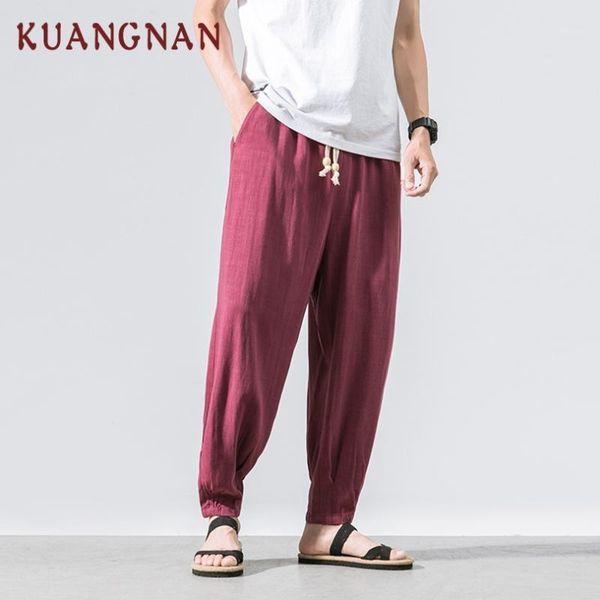 

kuangnan chinese style solid cotton linen pants men trousers hip hop jogger pants men sweatpants streetwear 2019 new1, Black