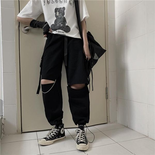 

men's pants woman man streetwear harajuku chain ribbon belt strap cargo pocket black knee jogger pant fashion punk hip hop men