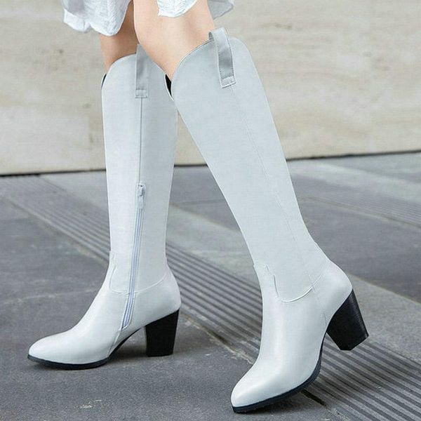 

boots women western square heel pu leather knee high 2021 autumn winter shoes fashion pointed toe black white
