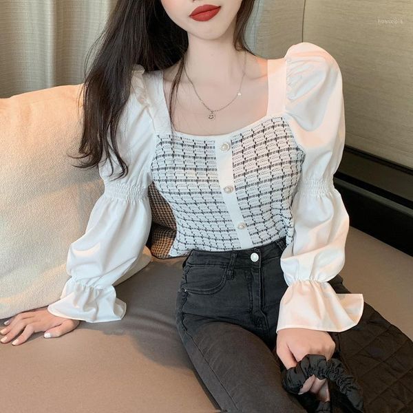 

knit blouse for women puff sleeve square collar shirt 2020 new female patchwork plaid women's elegant fall winter blouses1, White