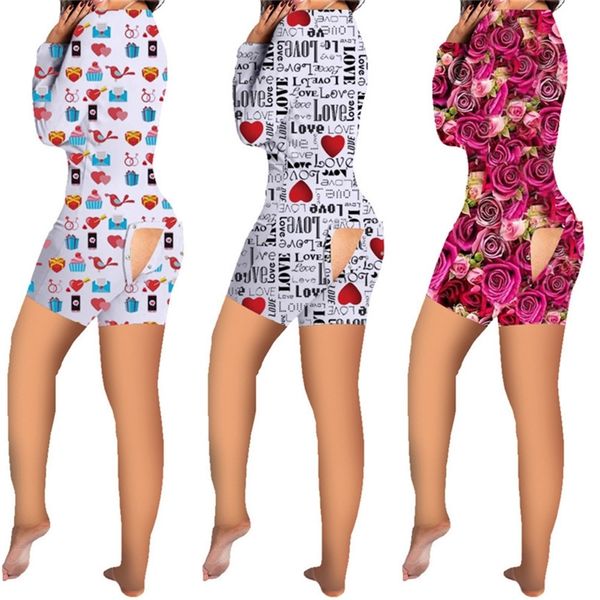 

women jumpsuits rompers valentines pajama onesies one piece pant nightwear bodysuit workout button back flap printed short pants g12002, White