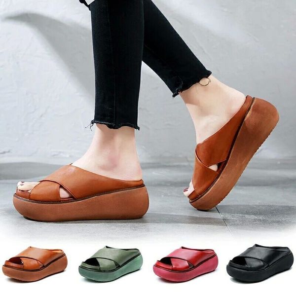 

women summer slippers soft woman shoes pu leather casual wedges cross retro ladies slippers slide fashion platform female shoes #em4p, Black
