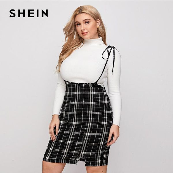 

shein plus size knot strap split hem plaid overall dress women summer pinafore plus elegant slim fit pencil short dresses, Black;gray