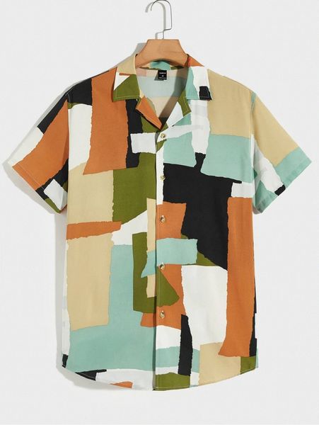 

men geo print revere collar shirt 869x#, White;black