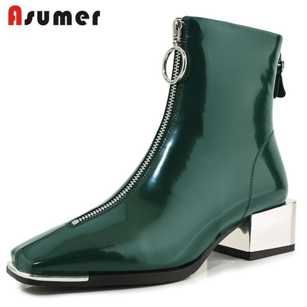 

boots asumer 2021 fashion patent leather ankle women metal decoration zip thick heel casual shoes, Black