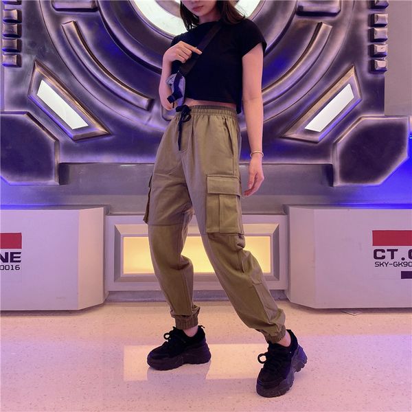 

men's and women's stitching color big pocket overalls sport pants street cool guy style elastic belt good quality pants joggers si, Black