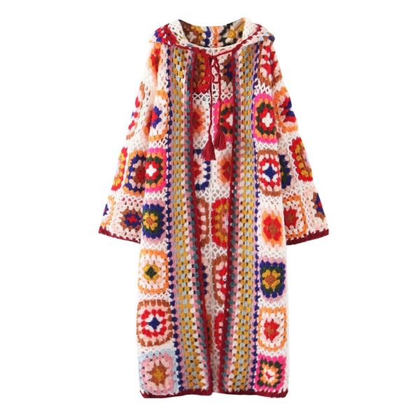 Frete Grátis Vintage Tricô Long Mid-bezerro Casaco Mulheres Feito Mão Chinesa Estilo Outerwear Manga Longa Patchwork vestidos com capuz 201030