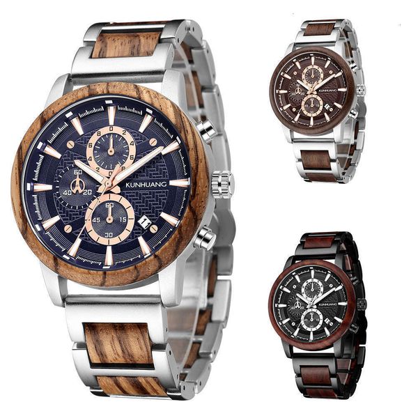 

japanese sports wood men's suit watch woodwatch large dial multi function fashion watchodmu, Slivery;brown