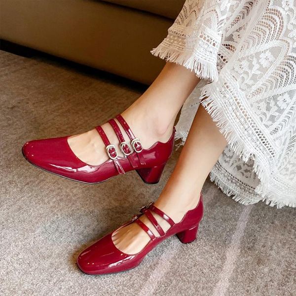 

vintage square toe women pumps red patent leather wedding shoes woman mary janes strap buckle single shoes chunky high heels, Black