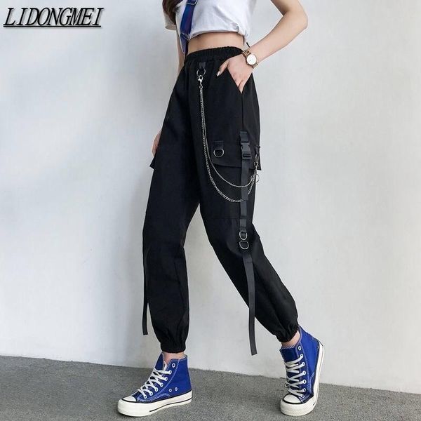 

women's pants & capris cargo winter fashion pockets loose punk trousers with chain harajuku elastics high waist streetwear temperament, Black;white