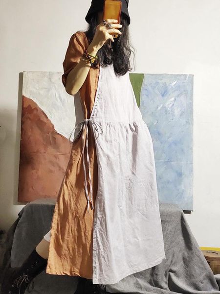 

women summer irregular ramie patchwork dress ladies spliced dresses female 2020 ramie dress, White;black