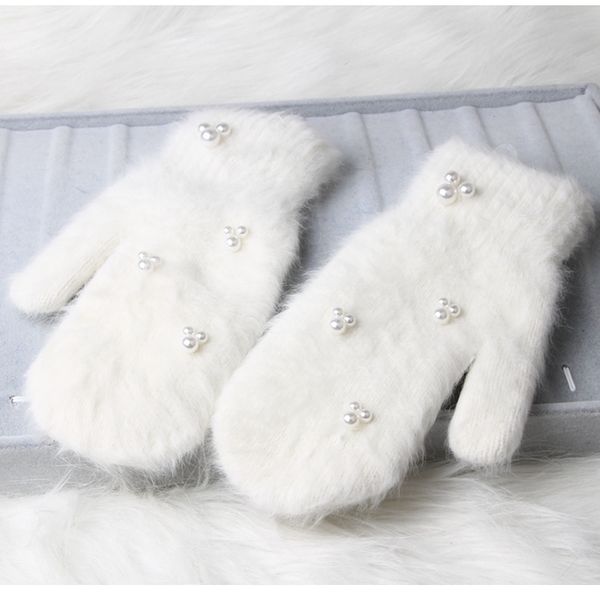 

12 color 2019 fashion women luxury pearl decoration rabbit fur gloves for girl winter outdoor female mittens luav, Blue;gray