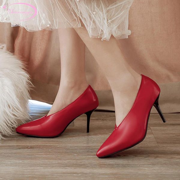 

european street style pointed toe pumps fashion slip-on red black apricot high-heeled thin-heeled women's shoes big size