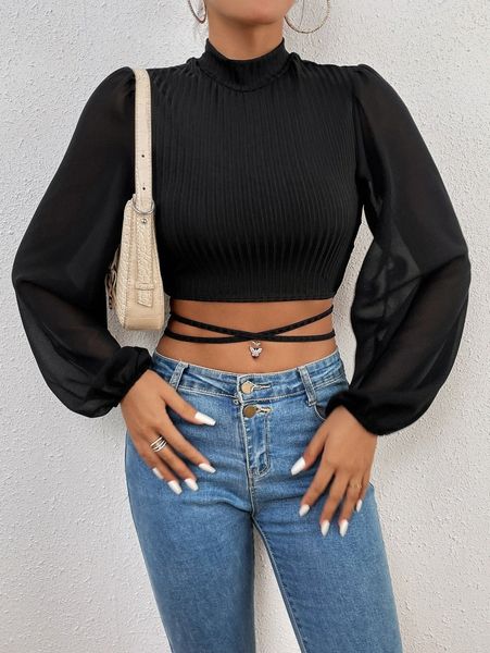 

mock neck lantern sleeve crisscross tie back crop h4yx#, White