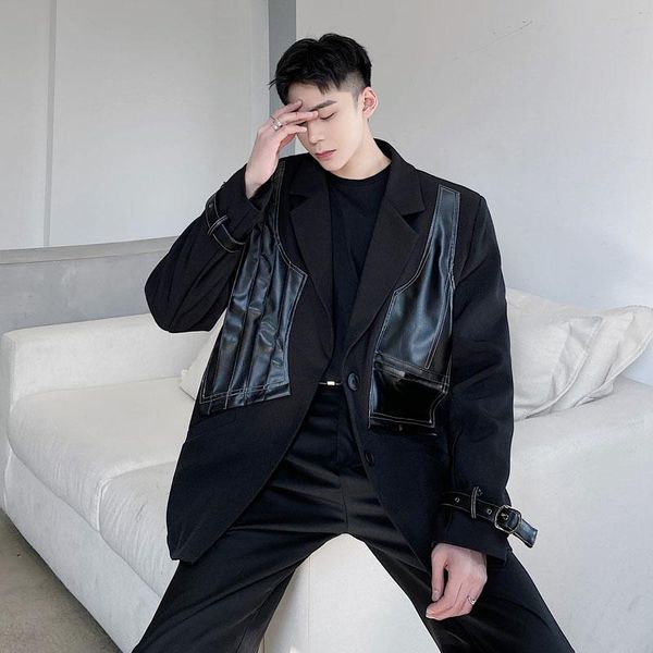 

men's suits & blazers male dark black japan streetwear hip hop suit jacket men splice leather casual coat outerwear stage show clothing, White;black