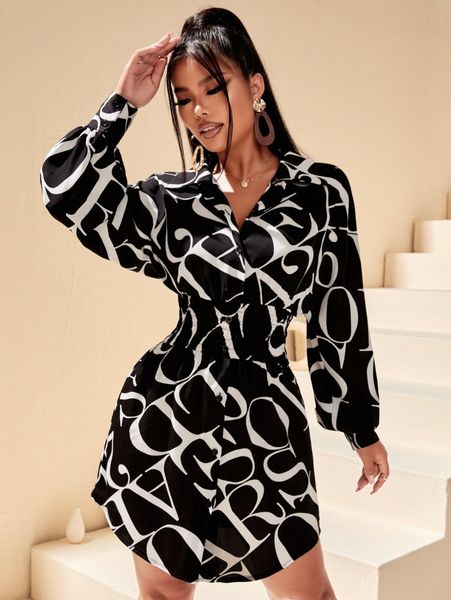 

letter graphic lantern sleeve shirred shirt dress r5hk#, Black;gray