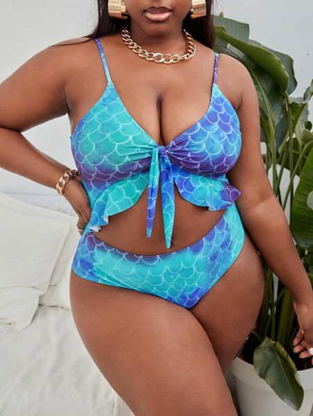 

plus fish scale print knot ruffle hem one piece swimsuit h7sz#, Black