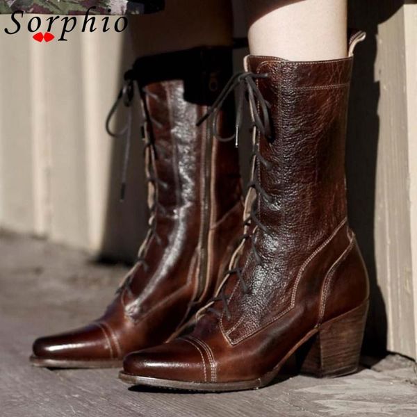 

sorphio марка дамы ретро женщин обувь осень zipper boots стильный женщин круглый toe узелок высокие каблуки середины икры сапоги, Black