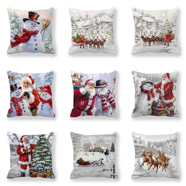 

merry happy 2021 new year christmas decorations for home santa claus snowman elk style cushion cover 45x45cm for sofa car seat