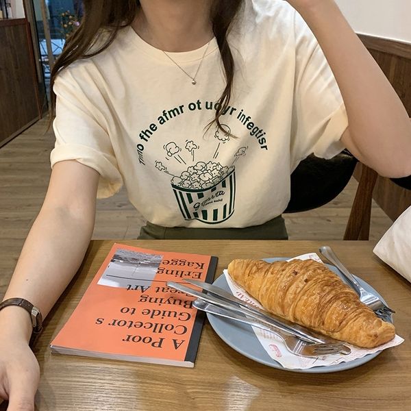 

v48ss t-shirt zheng t71786 female cute funny popcorn printed short sleeve huang for women 2020 summer korean casual t-shirt coat yrs2, White