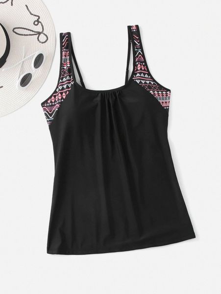 

plus geometric print ruched tankini i6ni#, Black